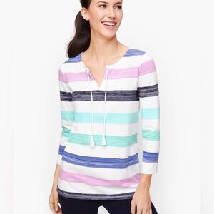 90$ T by Talbots Women’s Brushed Striped Tassel Split Neck Pullover Top 1X NWT